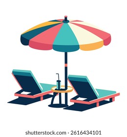 Beach chairs with a sun umbrella on a white background. Poster, Banner, Flyer, Greeting Card. Vector illustration in flat cartoon style