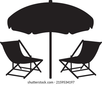 Beach Chairs and Umbrella black and white. Vector illustration.