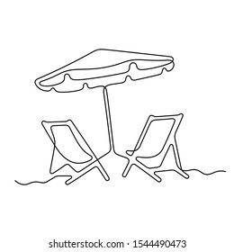 Beach chairs and umbrella. Continuous line vector illustration