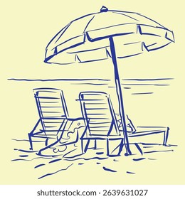 Beach chairs and umbrella on the beach vector for illustration, card, decoration