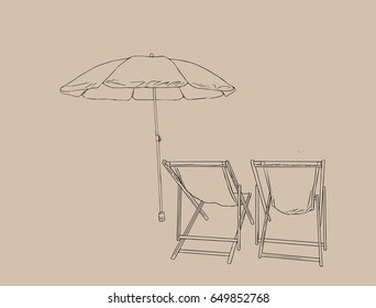 beach chairs with umbrella, sketch vector.