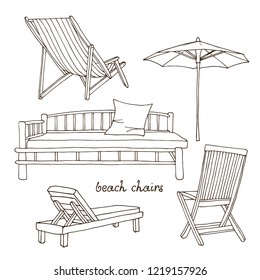 Beach chairs with umbrella vector set, hand drawn lounge collection with text