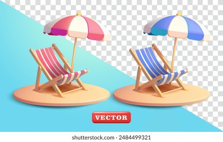 Tumbonas y sombrillas, Vector 3d. Adecuado para negocios, vacaciones y Elementos de diseño