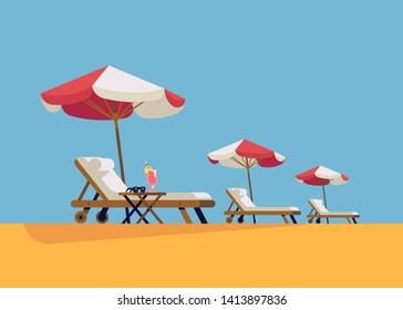 Beach chairs and umbrellas in a row ready to receive holidaymakers. Welcoming hot summer beach concept vector illustration