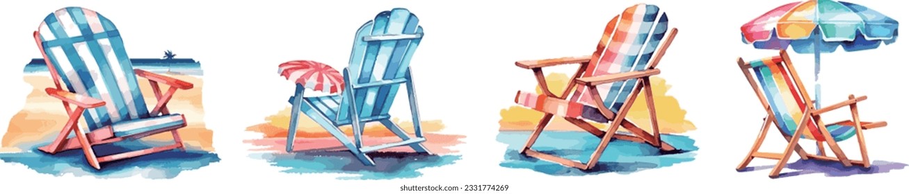 Beach chairs and umbrellas, watercolor vector illustration.