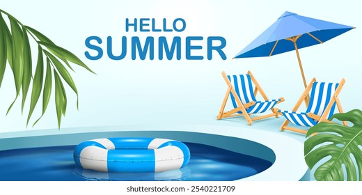 beach chairs,beach umbrella and swim ring in pool, tropical leaves decorative summer vacation leisure background,summer sale and business marketing advertising poster hello summer.