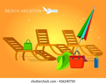 beach chaise longue in different design, vector set illustration isolated on background