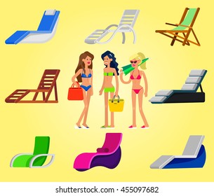 Beach chaise longue in different design. Hot beautiful girl in bikini on a summer beach