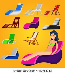 Beach chaise longue in different design. Hot beautiful girl in bikini on a summer beach