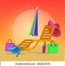 beach chaise longue, recliner in different design, vector set 