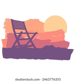 Beach chaise longue for summer rest. Wooden deck chair at sunset or sunrise. Vacation accessory. Summertime relax. Relaxation equipment. Brush paint backdrop