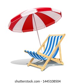 Пляжный шезлонг и зонтик для летнего отдыха. Деревянный шезлонг. Аксессуар для отдыха. Летний отдых. Релаксационное оборудование. Изолирован на белом фоне. Векторная иллюстрация Eps10.