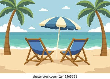 Longue de chaise de praia com guarda-chuva, cena de praia com mar e palmas. Ilustração vetorial em estilo plano