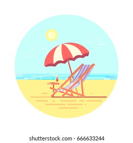 Beach chaise longue with umbrella vector flat illustration.