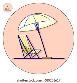 Beach chaise longue with umbrella vector flat illustration. Holiday logo and icon