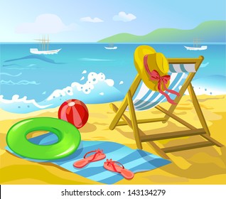 beach with chaise lounge and recreation items. vector illustratoion