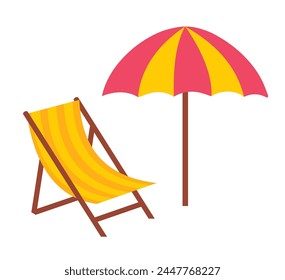 Beach chaise lounge and umbrella. Sun beach umbrella and Sun lounger on the beach. Vector illustration isolated on white background