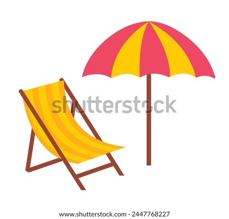 Beach chaise lounge and umbrella. Sun beach umbrella and Sun lounger on the beach. Vector illustration isolated on white background