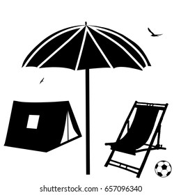 Beach chaise lounge, umbrella and tent on white background, vector illustration