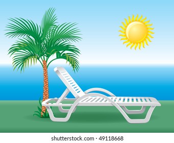 beach chaise lounge under the tropical palm tree, vector illustration