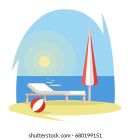Beach with chaise-longue ball and umbrella on sand, sunset on sea, concept of summer resort flat vector illustration
 