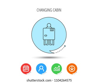 Beach changing cabin icon. Human symbol. Calendar, User and Business Chart, Download arrow icons. Speech bubbles with flat signs. Vector