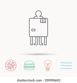 Beach changing cabin icon. Human symbol. Global connect network, ocean wave and burger icons. Lightbulb lamp symbol.