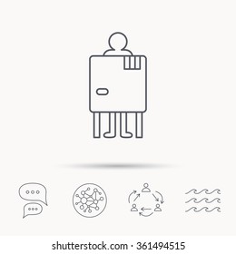 Beach changing cabin icon. Human symbol. Global connect network, ocean wave and chat dialog icons. Teamwork symbol.