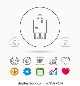 Beach changing cabin icon. Human symbol. Calendar, Graph chart and Cogwheel signs. Download and Heart love linear web icons. Vector