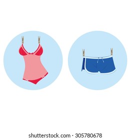Beach Changing room. Trunks and women's underwear colorful illustration.Colorful Women's swimwear and underpants hanging on clothespins.