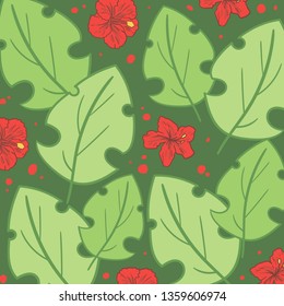 Beach cheerful  pattern  of tropical light green leaves of palm leaves and hibiscus flowers. Floral background.Vector illustration.