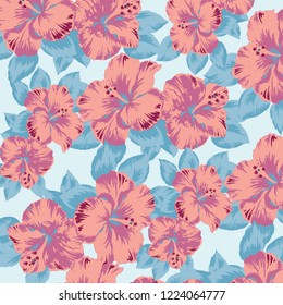 Beach cheerful pattern wallpaper of tropical leaves of palm trees and flowers of paradise