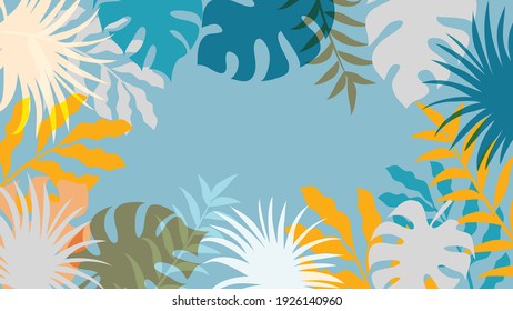 Beach cheerful pattern wallpaper of tropical leaves of palm trees and monstera leaf. Bright tropical background with jungle plants.vector illustration.