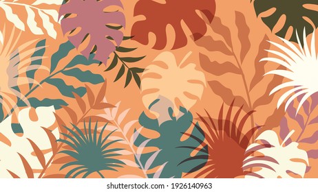 Beach cheerful pattern wallpaper of tropical leaves of palm trees and monstera leaf. Bright tropical background with jungle plants.vector illustration.