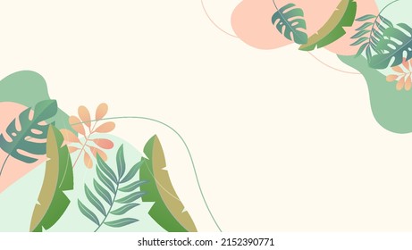 Beach cheerful pattern wallpaper of tropical green leaves of palm trees and flowers bird of paradise (strelitzia) plumeria on a light background