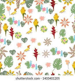 Beach cheerful seamless background Wallpaper of tropical green palm leaves and flowers, bird of Paradise on white background - Vector graphics