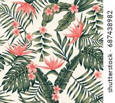 Beach cheerful seamless pattern wallpaper of tropical dark green leaves of palm trees and flowers bird of paradise (strelitzia) plumeria on a light yellow background