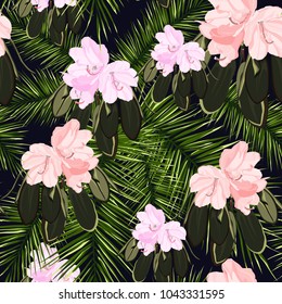 Beach cheerful seamless pattern wallpaper of tropical dark green leaves of palm trees and flowers dark background. Vector illustration.