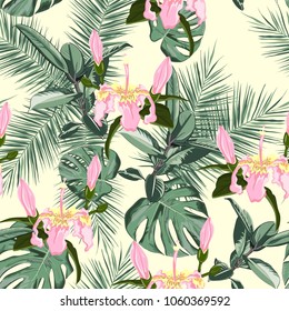 Beach cheerful seamless pattern wallpaper of tropical green leaves of palm trees and monster, pink exotic flowers of paradise on a light yellow background.