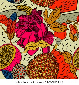 Beach cheerful seamless pattern wallpaper of tropical leaves of palm trees, flowers and fruits.