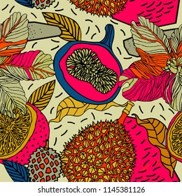 Beach cheerful seamless pattern wallpaper of tropical leaves of palm trees, flowers and fruits.