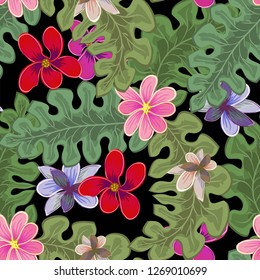 Beach cheerful seamless pattern wallpaper of tropical dark green leaves of palm trees and flowers bird of paradise (strelitzia) plumeria on a light yellow background