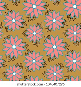 Beach cheerful seamless pattern wallpaper of tropical dark green leaves of palm trees and flowers bird of paradise (strelitzia) plumeria on a light yellow background