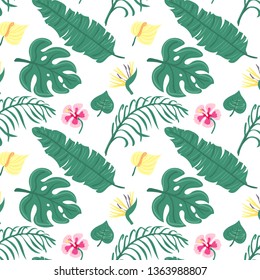 Beach cheerful seamless pattern wallpaper of tropical dark green leaves of palm trees and flowers bird of paradise, plumeria on white background. For textile print, clothes, fashion