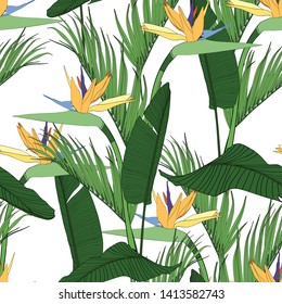 Beach cheerful seamless pattern wallpaper of tropical green leaves of palm trees and flowers bird of paradise (strelitzia) plumeria on a white background.