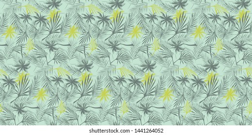 Beach cheerful seamless pattern wallpaper of tropical green and yellow leaves of palm trees on a light turquoise background - Vector