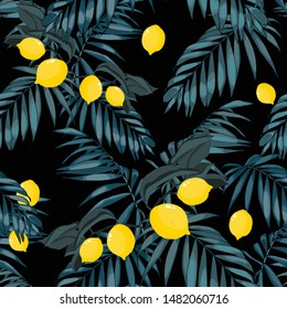 Beach cheerful seamless pattern wallpaper of tropical palm leaves and yellow lemons on a black background.	
