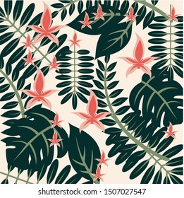 Beach cheerful seamless pattern wallpaper of tropical dark green leaves of palm trees and flowers bird of paradise (strelitzia) plumeria on a light yellow background