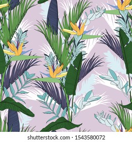 Beach cheerful seamless pattern wallpaper of tropical green palm trees leaves and bird of paradise (strelitzia) plumeria flowers on a violet background.