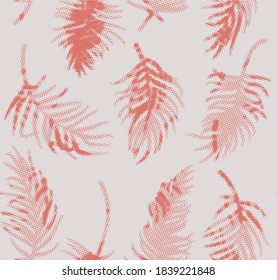 Beach cheerful seamless pattern wallpaper of tropical pink leaves of halftone palm trees and flowers bird of paradise plumeria on a light beige  background